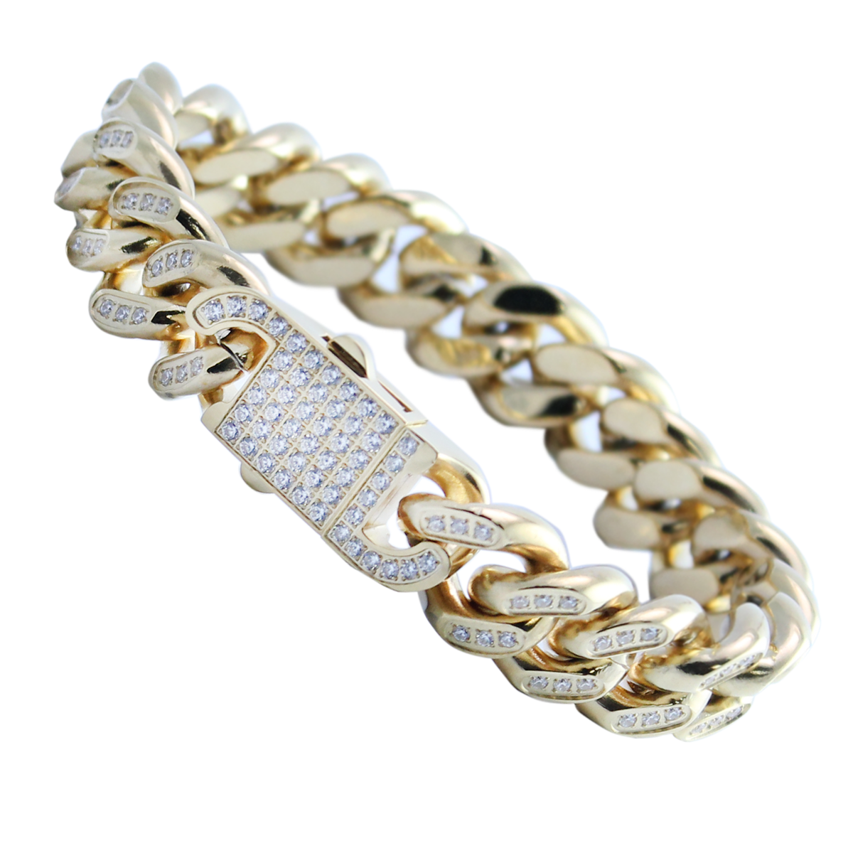 Gold PVD Stainless Steel Cuban Link CZ Stone Encrusted Bracelet